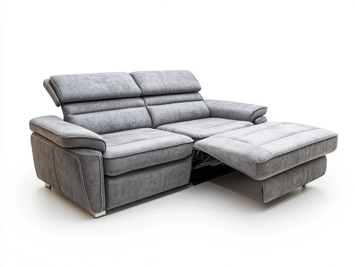 Sofá reclinable de tres plazas en tela gris con reposapiés extensible para salón moderno 220x95x100 cm