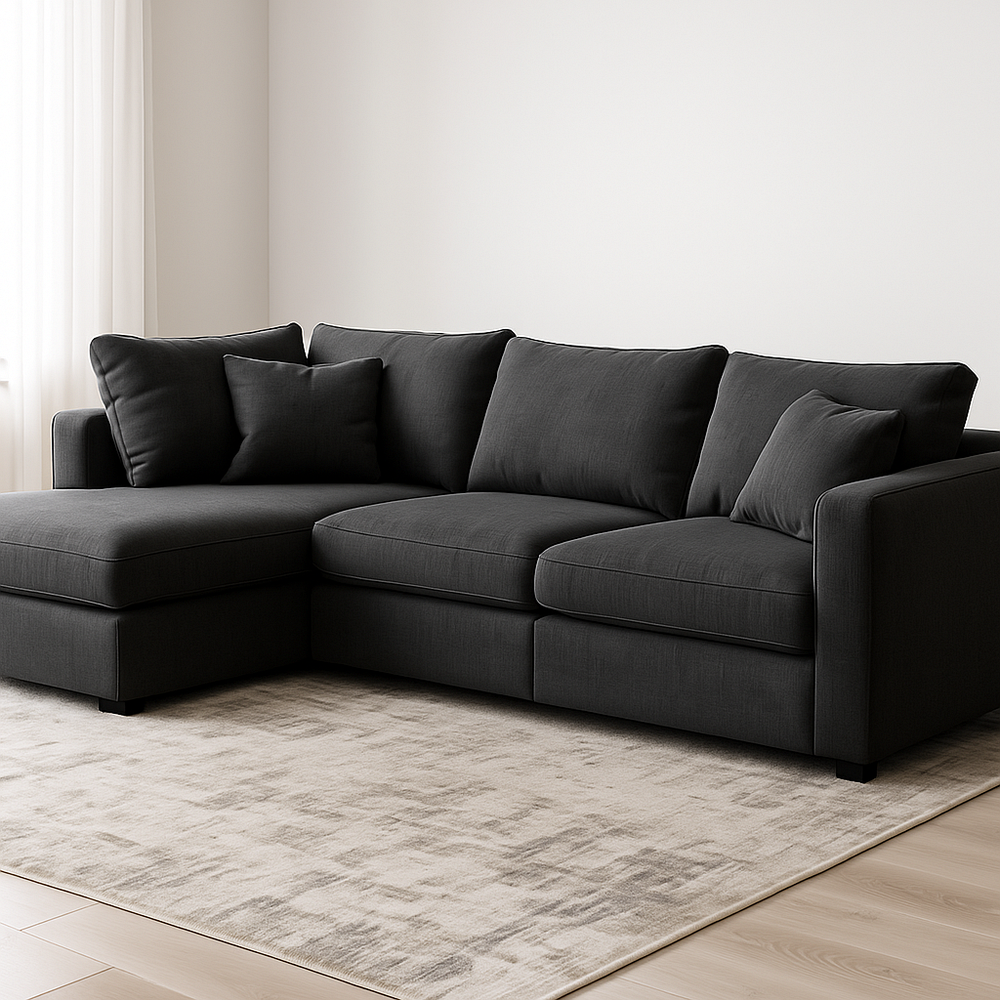 Sofá seccional de esquina moderno en lino gris oscuro, amplio y cómodo, sofá de 3 o más plazas para sala de estar