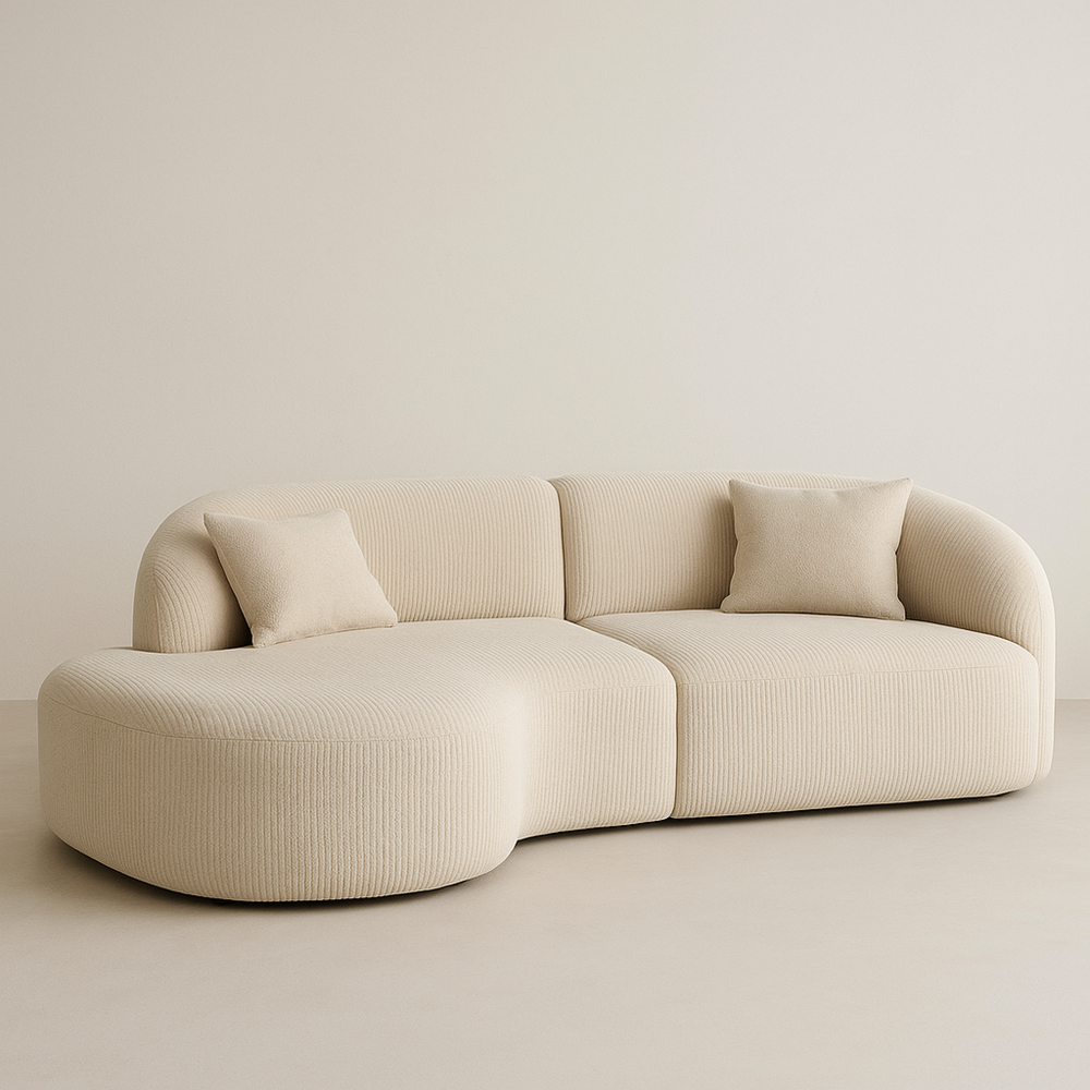 Sofá modular de tela de poliéster beige con chaise longue 250x100x85cm