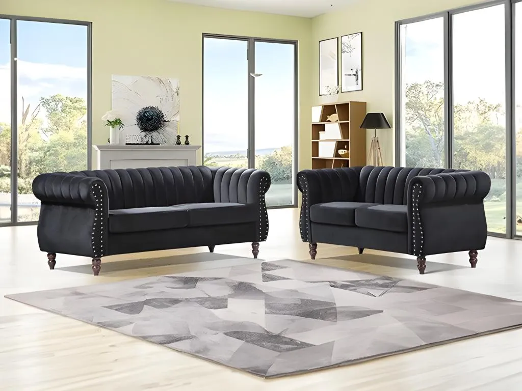 Sofás Andreuworldcasa de 3 y 2 plazas de terciopelo negro Andreuworldcasa