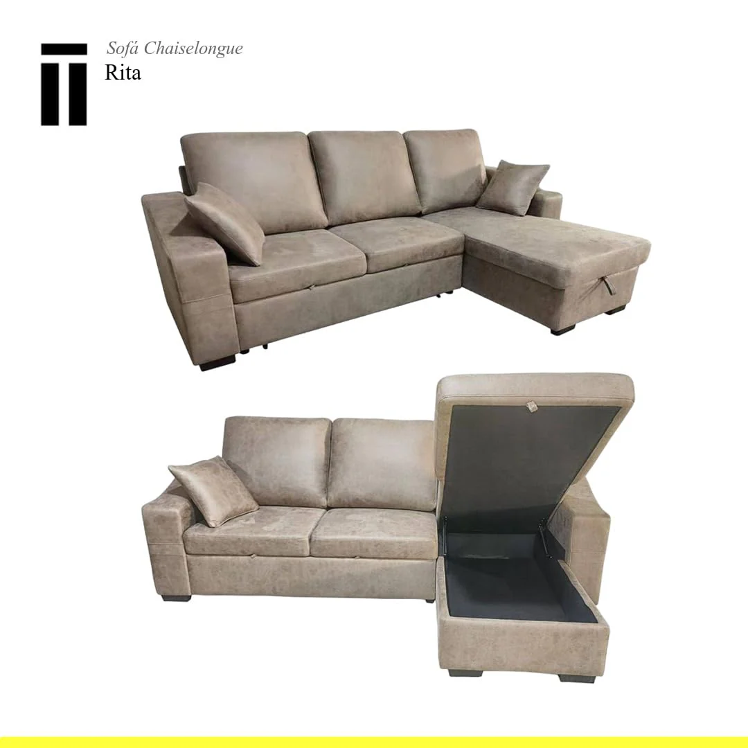 Chaise longue 3 plazas reversible con arcón gris cemento