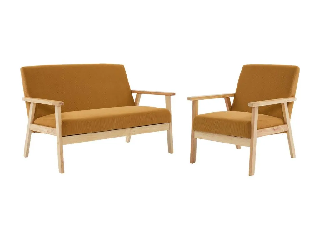 Sofá de 2 plazas y sillón de pana con patas de Prietocasa mostaza
