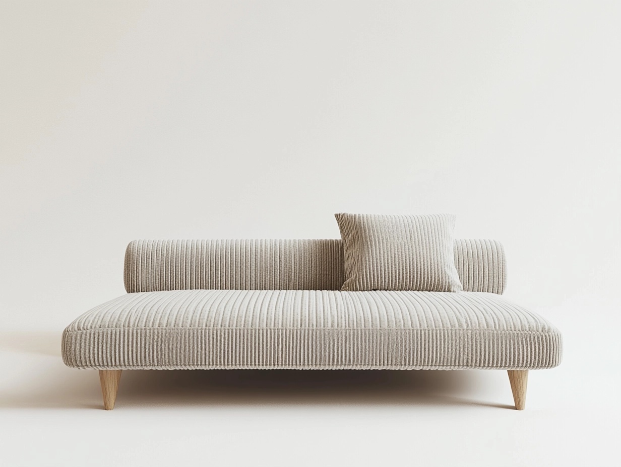 Sofá cama tapizado en tela beige moderno para sala diseño minimalista con respaldo cilíndrico patas de madera 180x90 cm