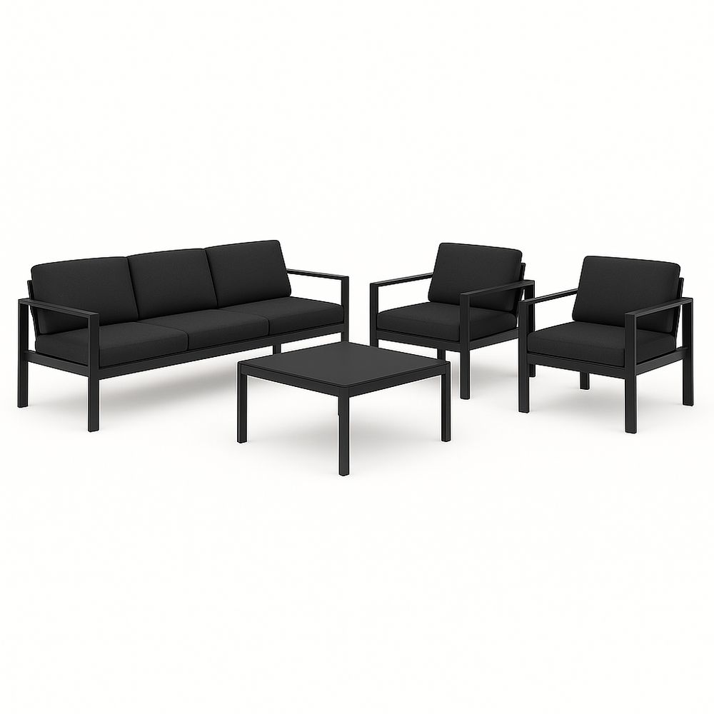 Juego de Muebles de Jardín de Estilo Moderno, Sofá de 3 Plazas y Sillas Individuales, Estructura de Aluminio y Cojines de Tela, Color Negro
