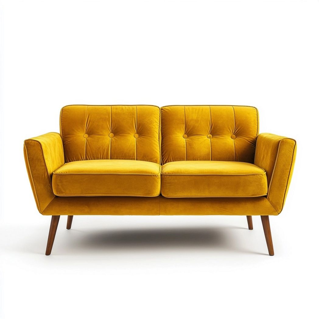 Sofá Dos Plazas Terciopelo Amarillo Retro Salón 130cm