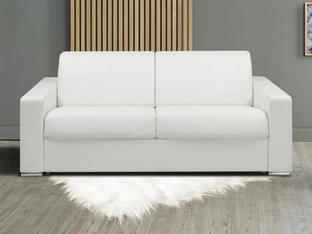 Sofá cama de 2 plazas tipo italiano de piel sintética Banakdecoracion - Blanco - Somier de láminas de 120 cm - Colchón de 18 cm con memoria de forma FGAJ41139