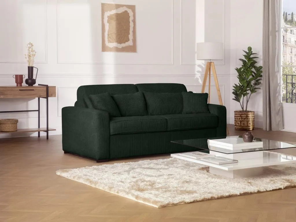 Sofá cama de 3 plazas de apertura rápida de pana verde - Somier ancho de 140 cm - Colchón de 18 cm - Hogarmini 08542kgvz