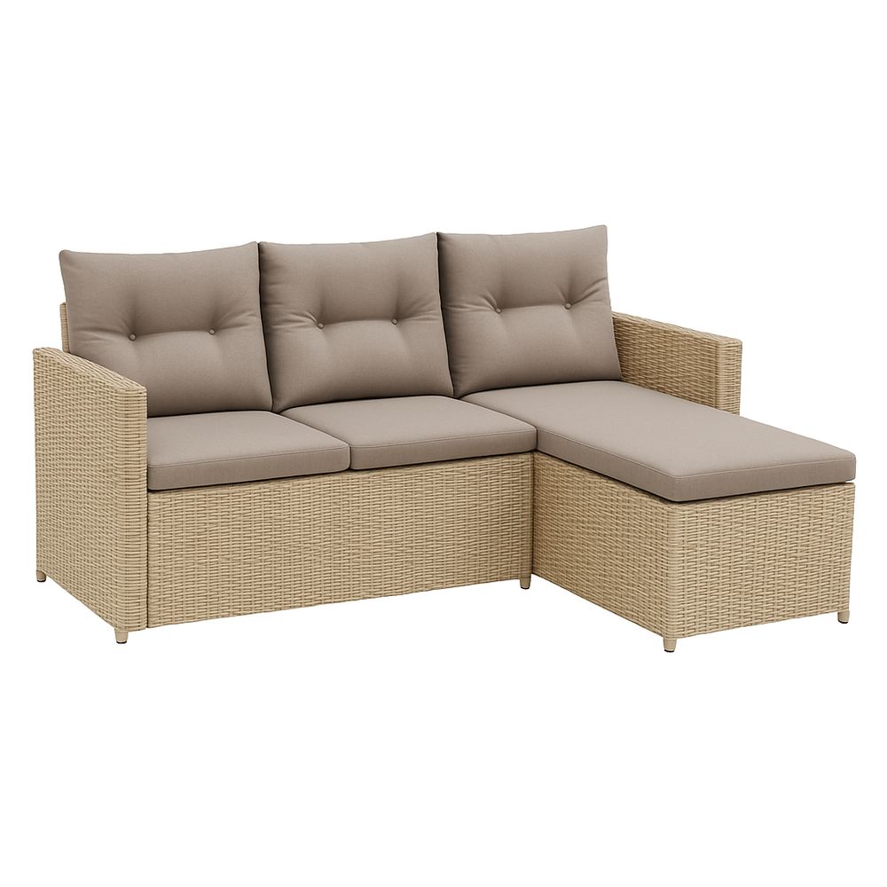Sofá modular de ratán sintético con cojines de color beige,diseño contemporáneo para exterior,5 plazas,estructura resistente y cómoda