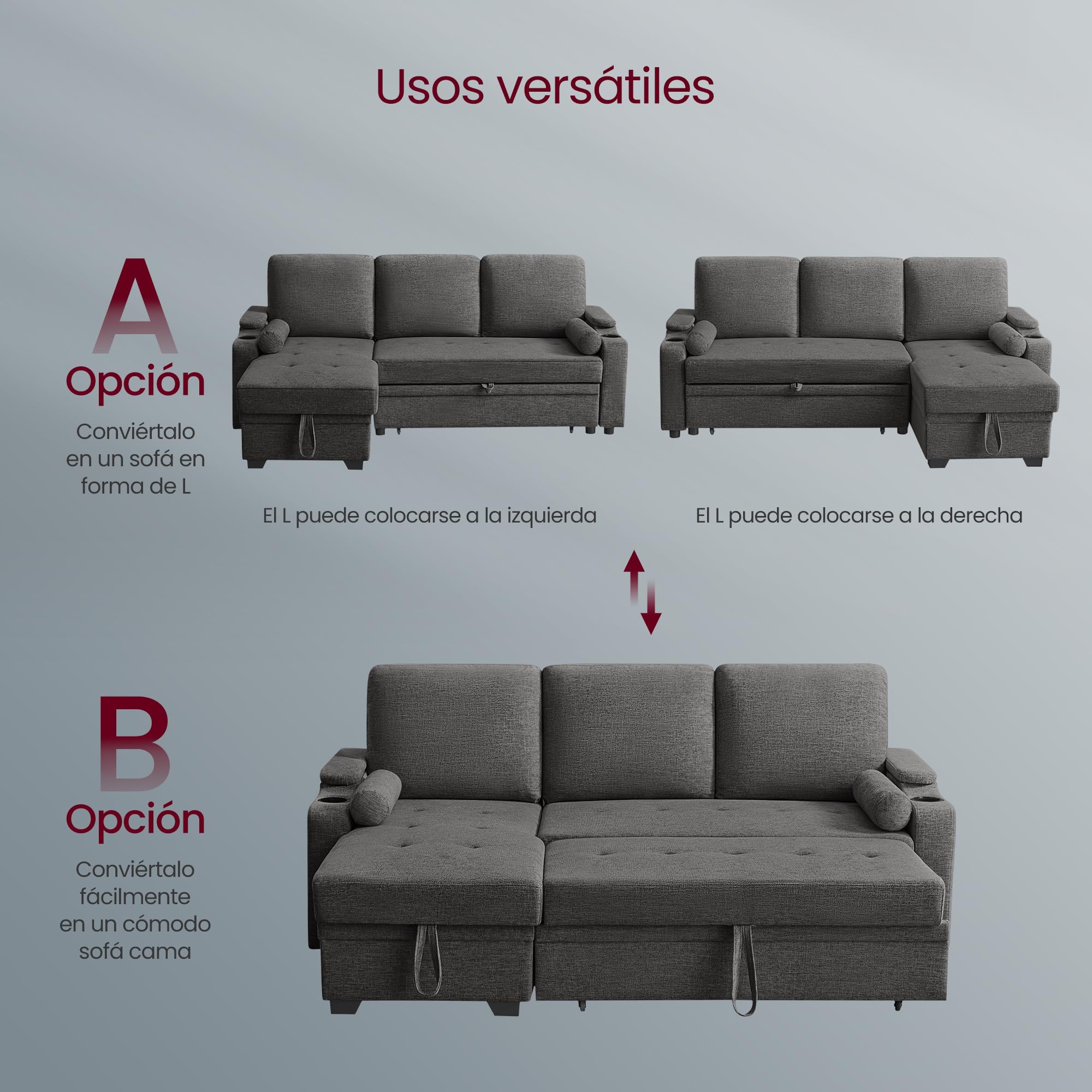 Sofá cama gris con almacenamiento Vasagle