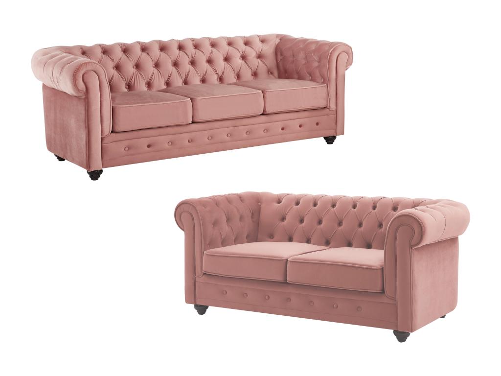 Sofás de 3 y 2 plazas de terciopelo rosa pastel CHESTERFIELD