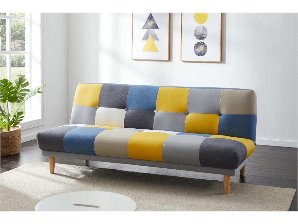 Sofá cama de tres plazas en tejido multicolor