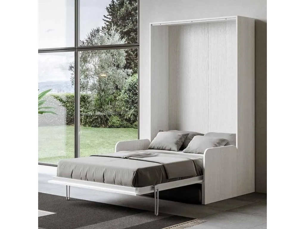 Cama abatible vertical blanca con sofá de tela Alkifurniturees 120x190 cm - 32 colores de tela-Color Microfibra 33 DXLV45544