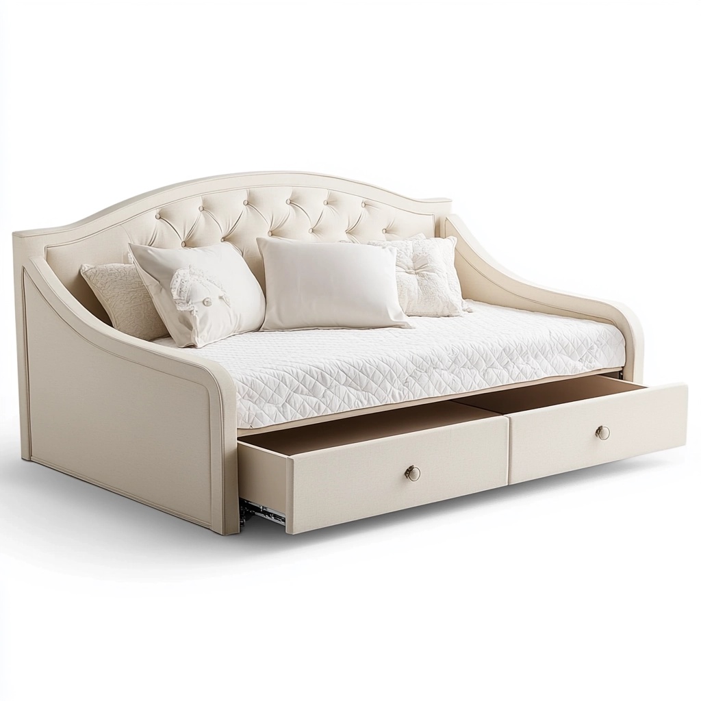 Sofá cama beige con cajones de almacenamiento, tapicería de tela, para sala de estar