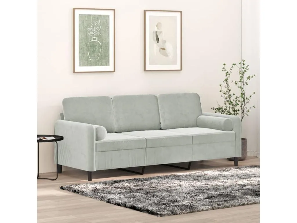 Sofá de 3 plazas con cojines terciopelo gris claro 180 cm 88295lwjk