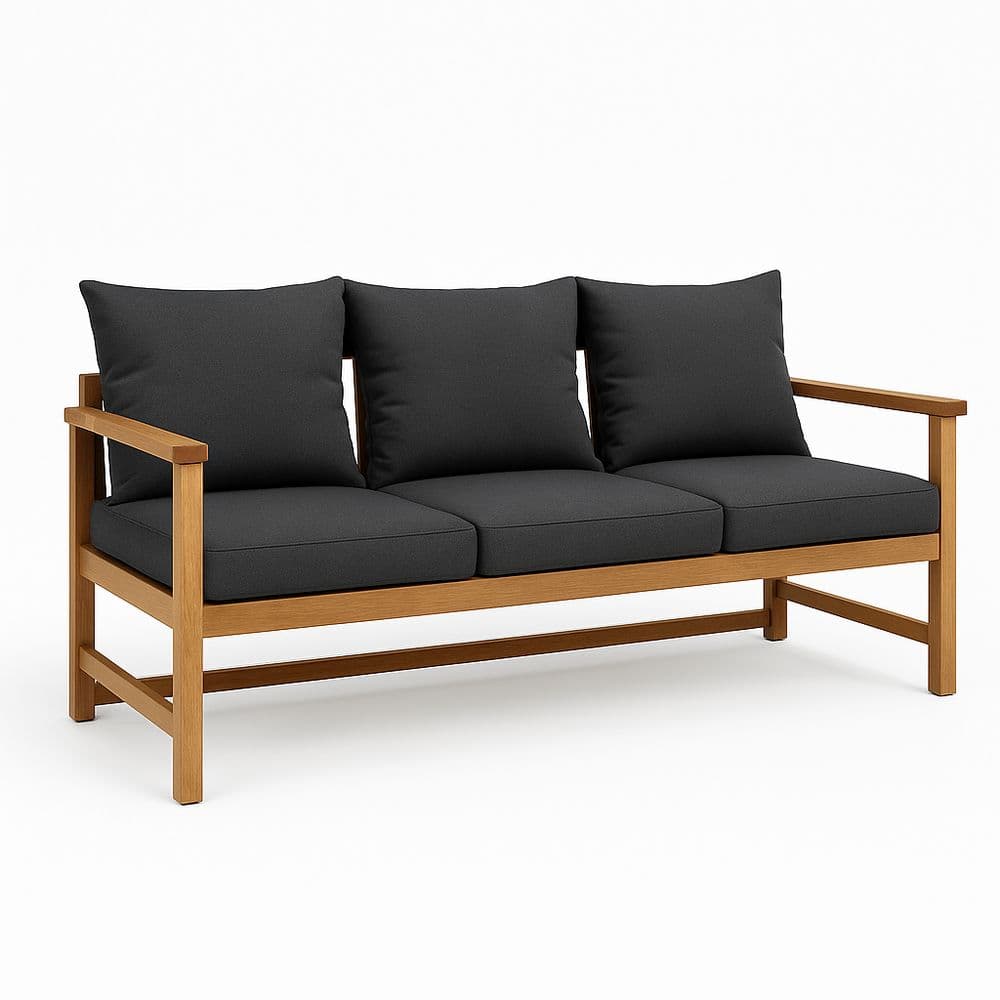 Sofá de Madera de Acacia 3 Plazas Cojines Negro 180x75x80cm