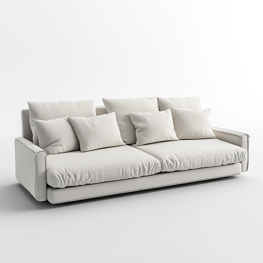 Sofá cama de tela crema 2,1x1,0 m con cojines decorativos