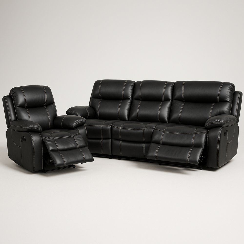 Sofá Reclinable 3 Plazas con Sillón Reclinable Salón Relax Cuero Negro