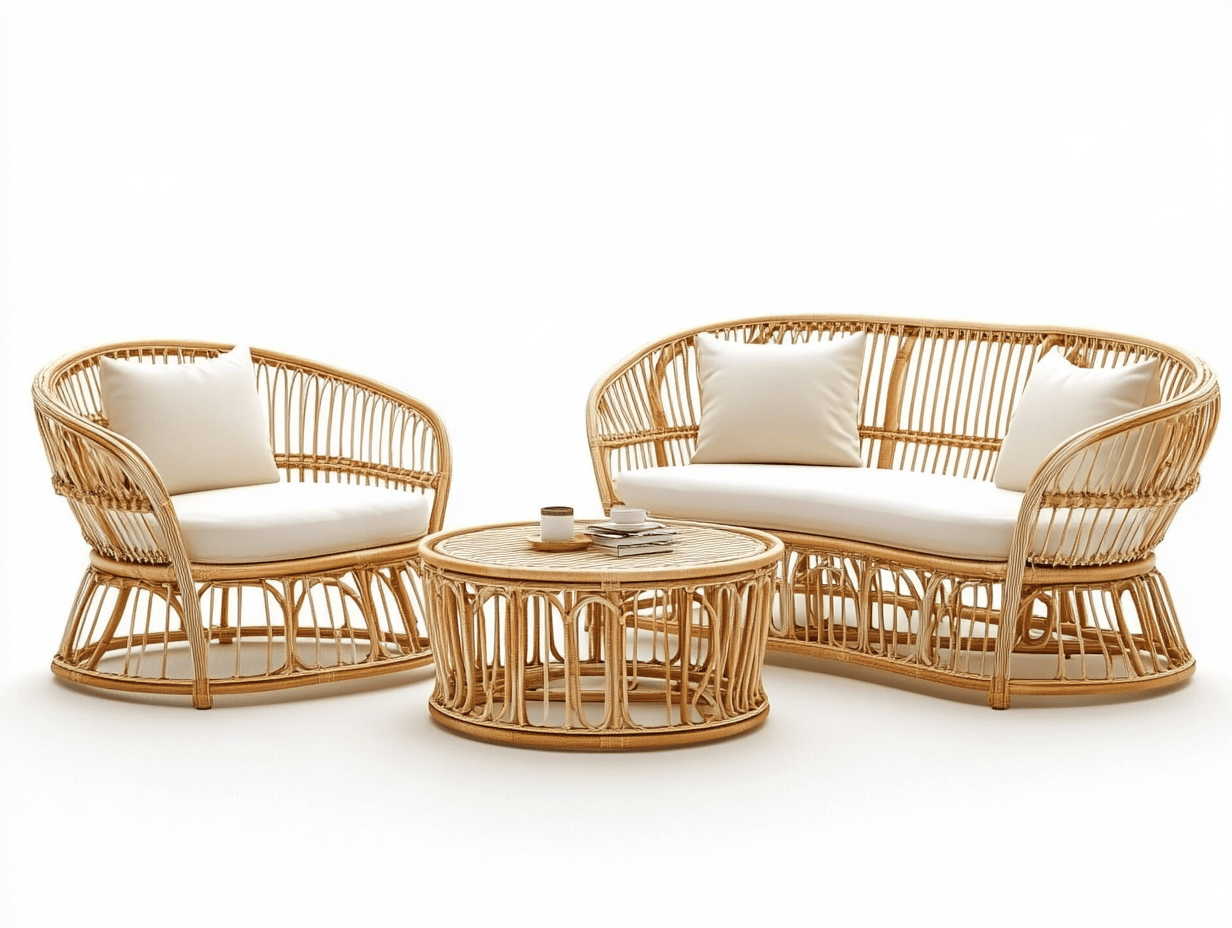 Sofá de ratán natural y mesa de café para exterior con cojines cómodos