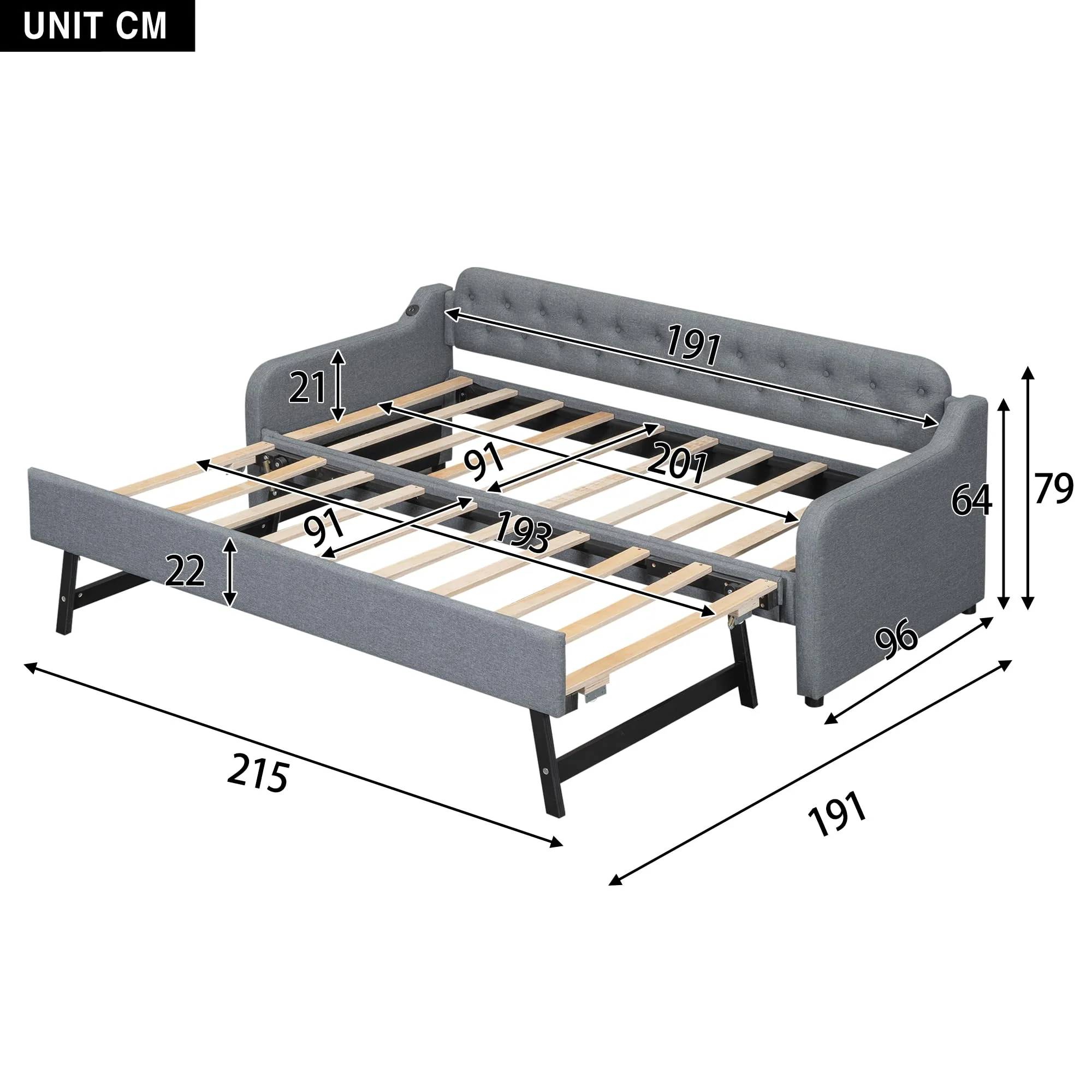 Sofá cama doble plegable 90x200 cm con USB gris