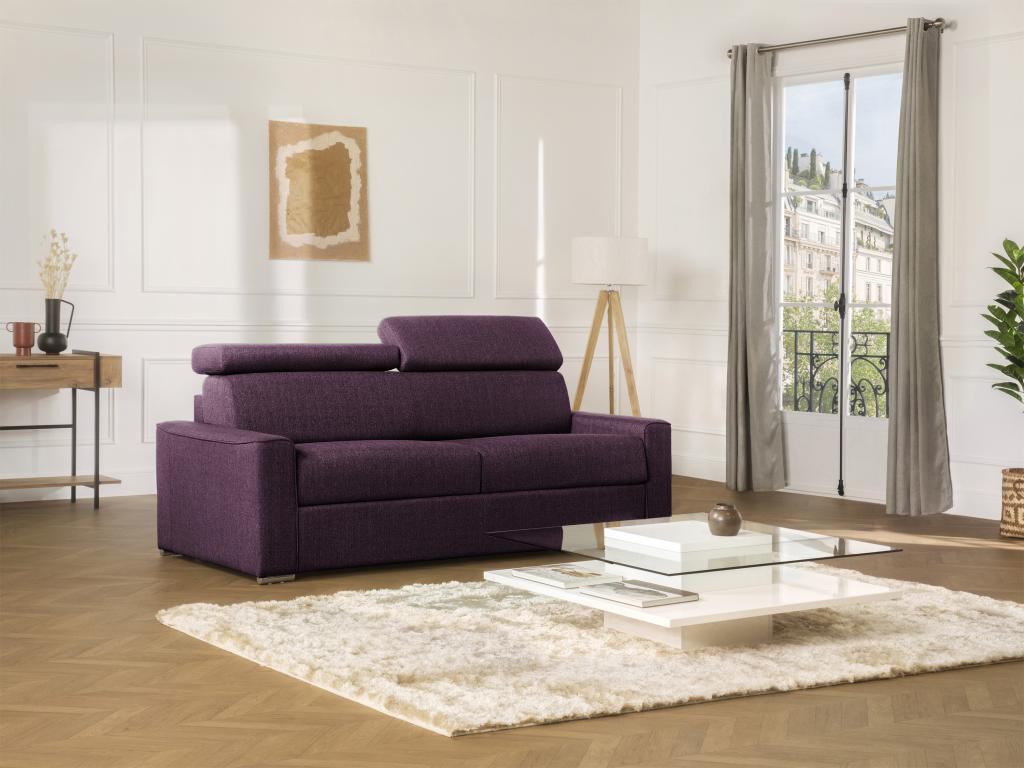 Sofá cama de 4 plazas de tela de apertura rápida VIZIR - Violeta - Somier de láminas de 160 cm - Colchón de 18 cm con memoria de forma
