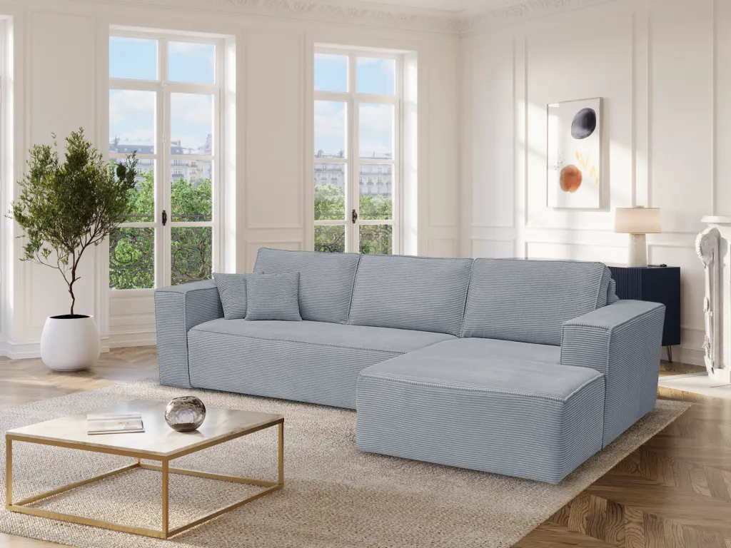 Sofá rinconera de apertura rápida de pana gris claro - Cama de 140 cm - Colchón de 14 cm Homepleno II chtp01456