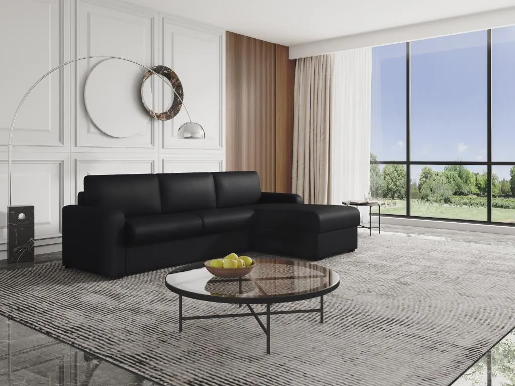 Sofá cama rinconera de piel con sistema de apertura italiano Hogarmini - Negro - Ángulo derecho kffq81154