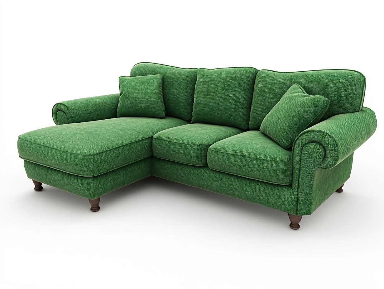 Sofá Chaise Longue Clásico Tapizado en Verde con Brazos Enrollados