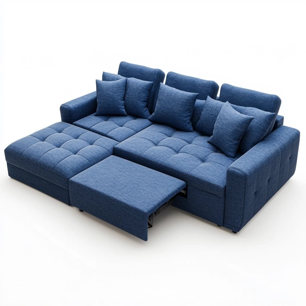 Sofá cama seccional de tela azul con cojines