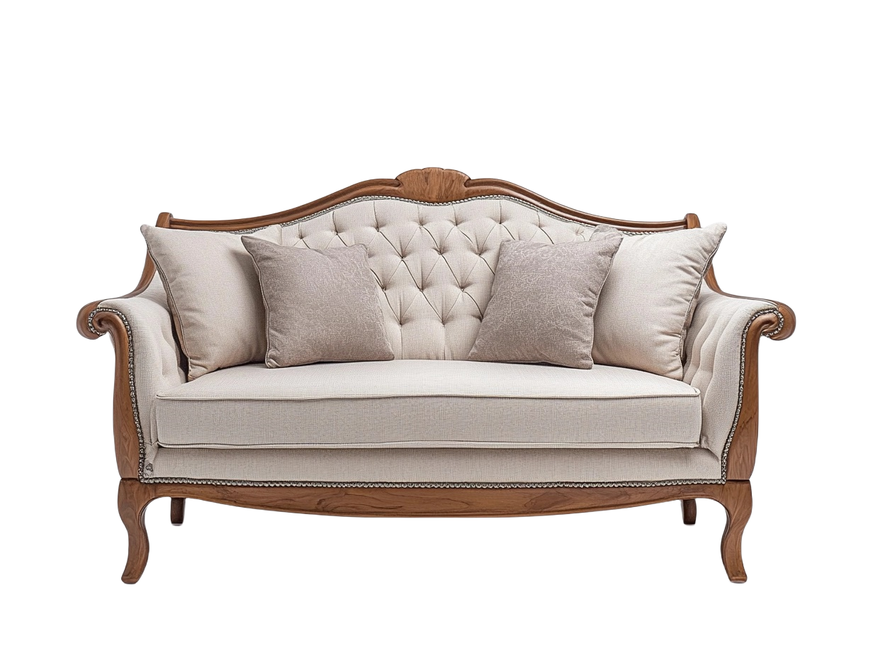 Sofá de dos plazas clásico en color beige con cojines decorativos de 150 cm de longitud y estructura de madera wk8619240