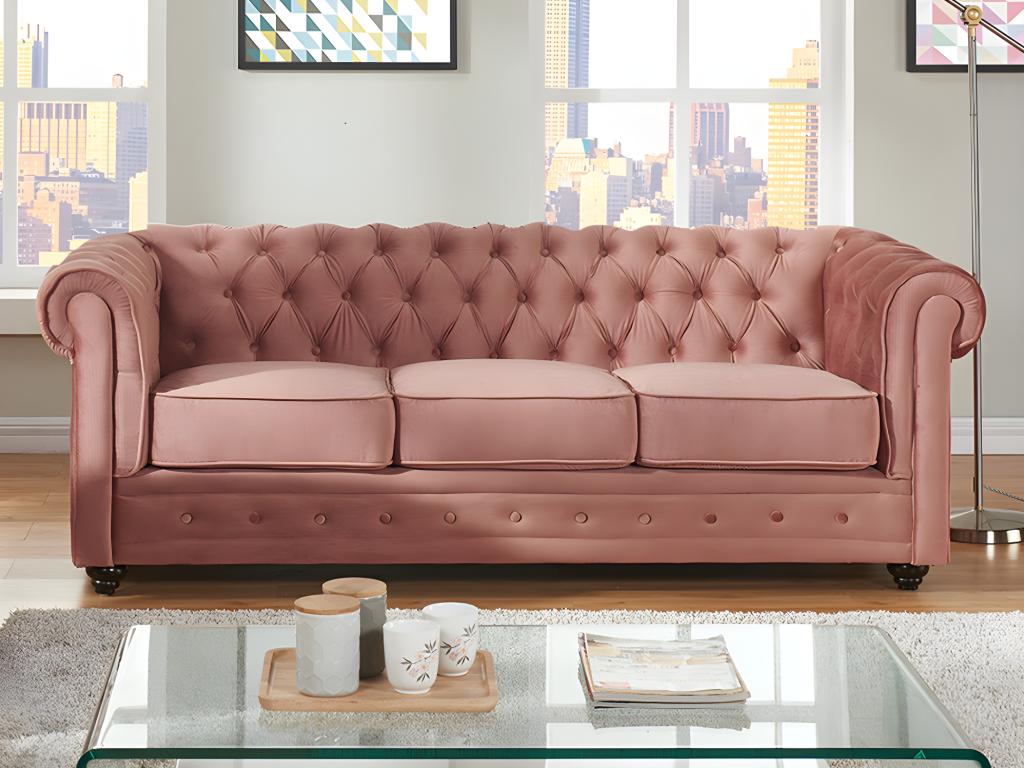 Sofás de 3 y 2 plazas de terciopelo rosa pastel CHESTERFIELD