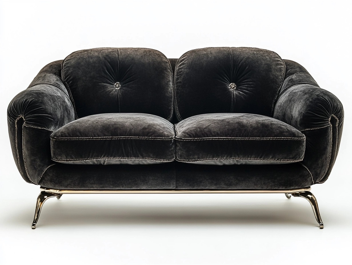 Sofá 2 plazas de terciopelo gris oscuro con patas de acero inoxidable y cojines extraíbles, 150x90x85 cm