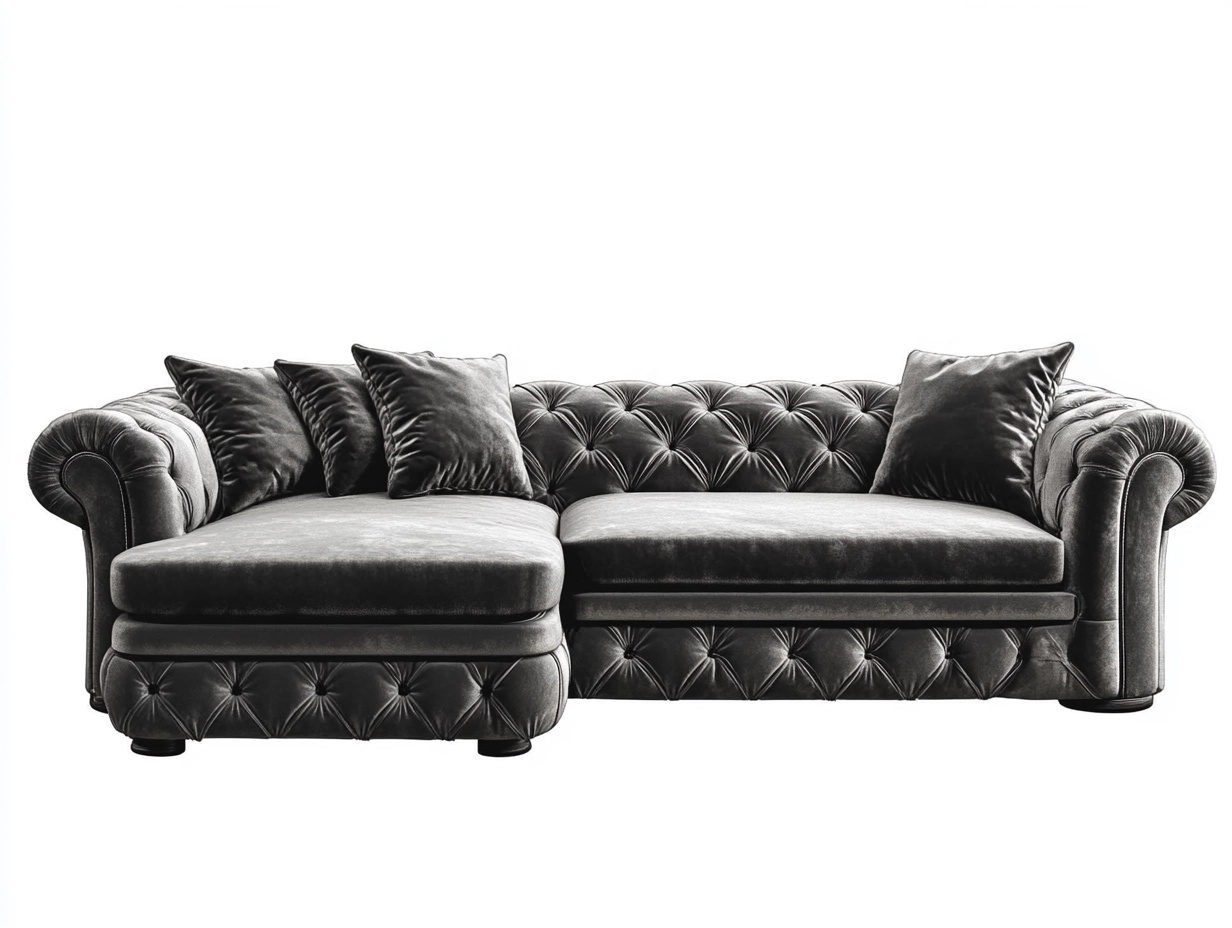 Sofá seccional de terciopelo gris oscuro 280x170 cm estilo clásico para sala de estar con chaise longue y cojines confort modernos
