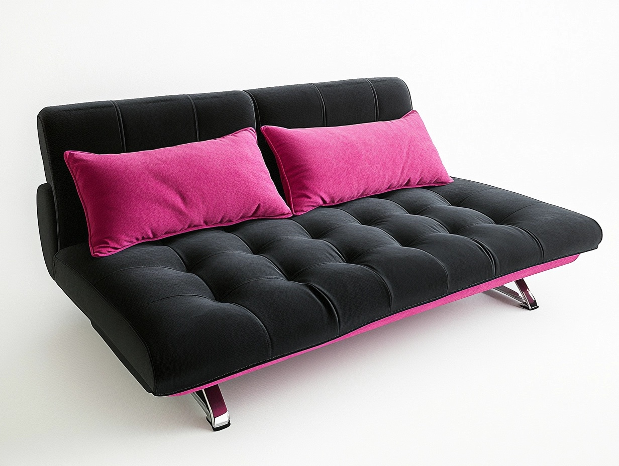 Sofá cama moderno de 190x90 cm para sala elegante multifuncional tapizado en tela negra y rosa con estructura metálica cx0546446