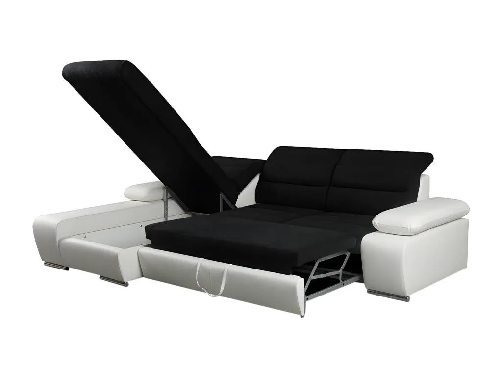 Sofá cama rinconero de tela y piel sintética Nidovia bicolor negro/blanco ángulo izquierdo. vdn101037