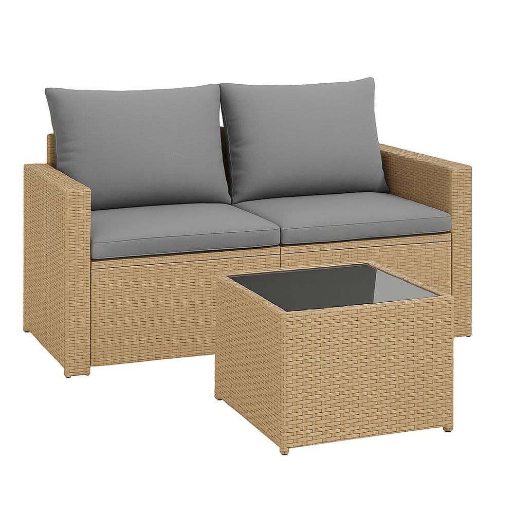 Conjunto de Muebles para Exterior Sofá 2 Plazas con Mesa Ratán Sintético Beige Cojines Grises