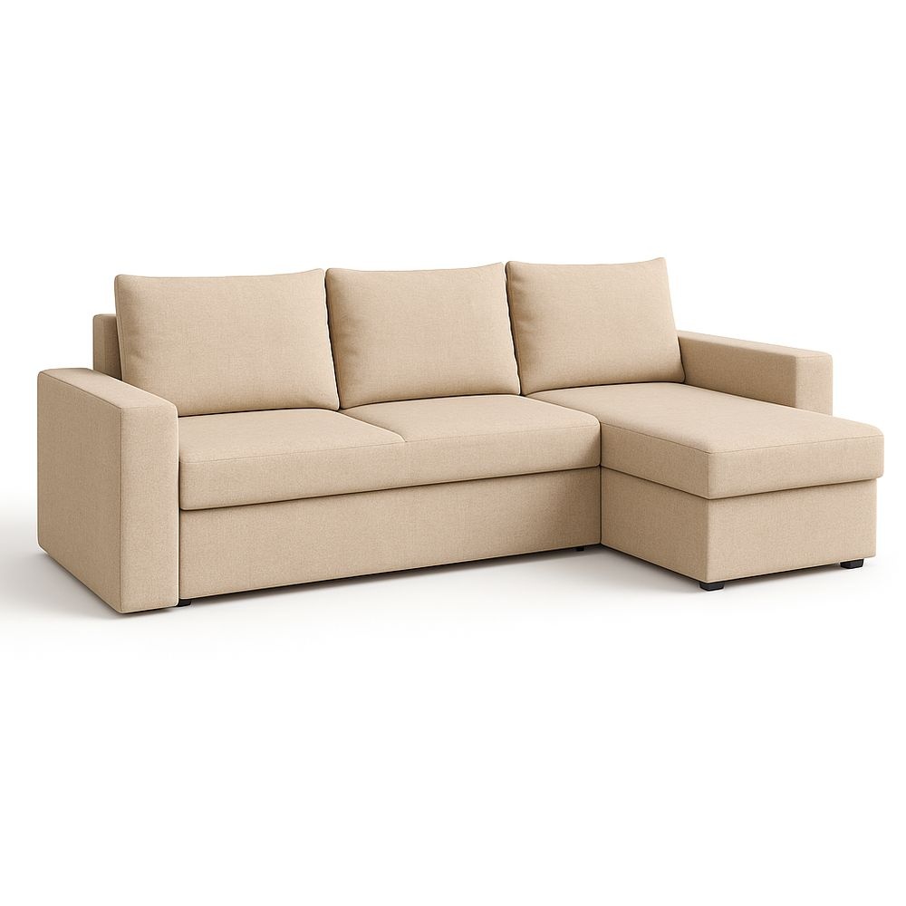 Sofá Chaise Longue 3 Plazas Sala Tela Beige Convertible