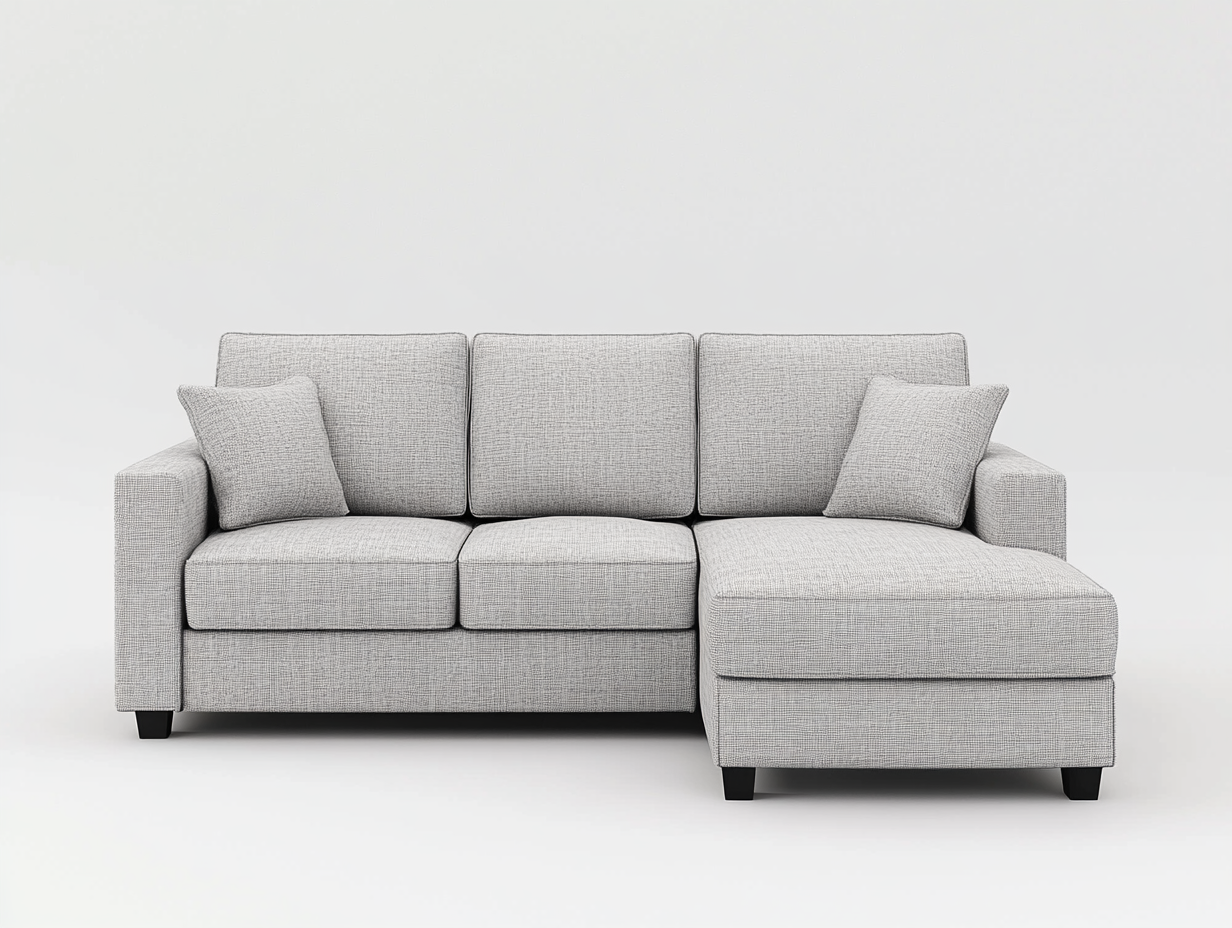 Sofá chaise longue compacto tapizado en tela gris claro con cojines 220x150cm VS3403983