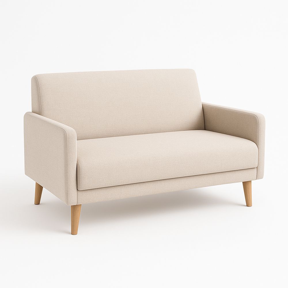 Sofá moderno de dos plazas con patas de madera, tapizado en tela suave, estilo escandinavo, ideal para sala de estar