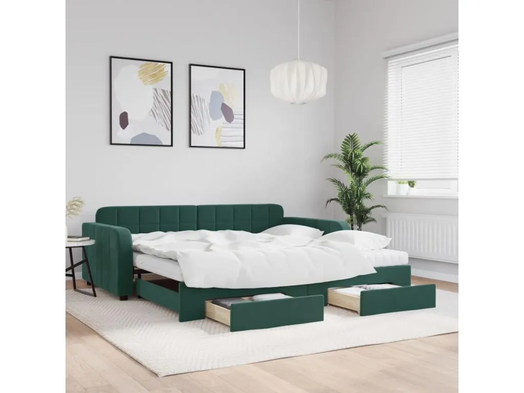 Sofá cama Hogarmini con cajones terciopelo verde oscuro 100x200 cm 98686sbdy