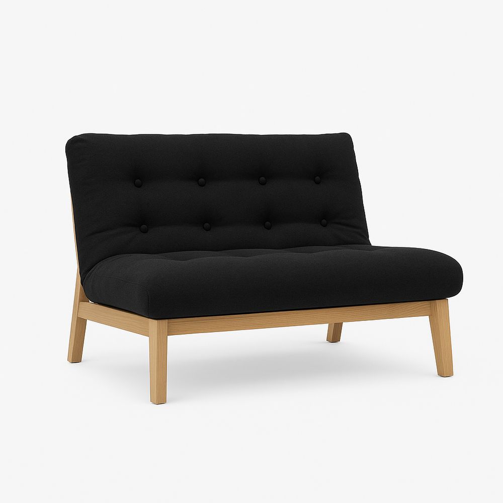 Sofá de dos plazas moderno con tapizado negro, estructura de madera, estilo minimalista, ideal para sala de estar