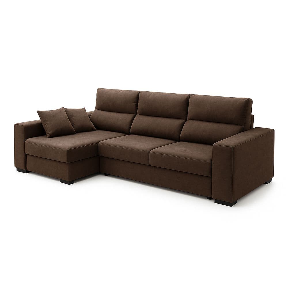 Sofá seccional de tela marrón 3 plazas con chaise longue