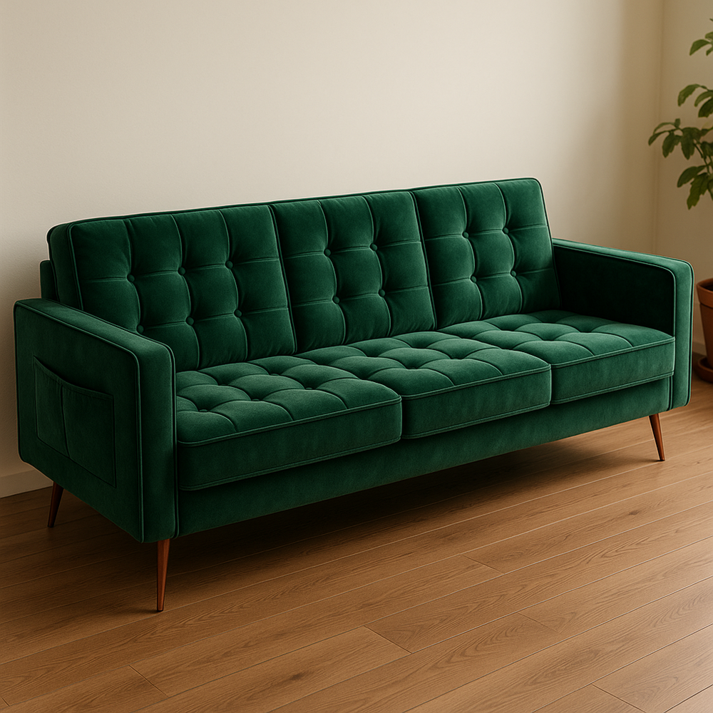 Sofá de Tela de Terciopelo Verde con Patas de Madera Maciza, 200 x 85 x 75 cm, 3 Plazas