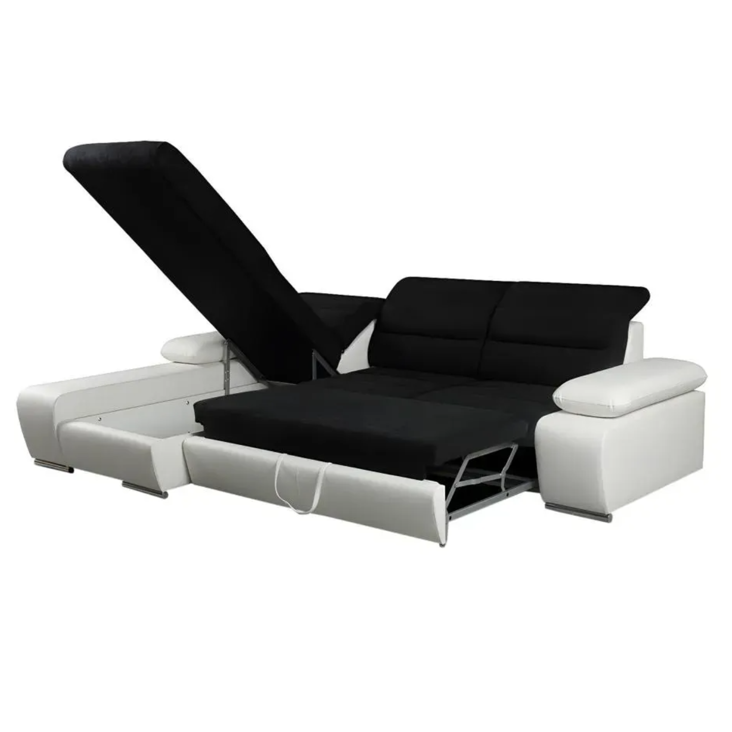 Sofá cama rinconero de tela y piel sintética Nidovia bicolor negro/blanco ángulo izquierdo. vdn101037