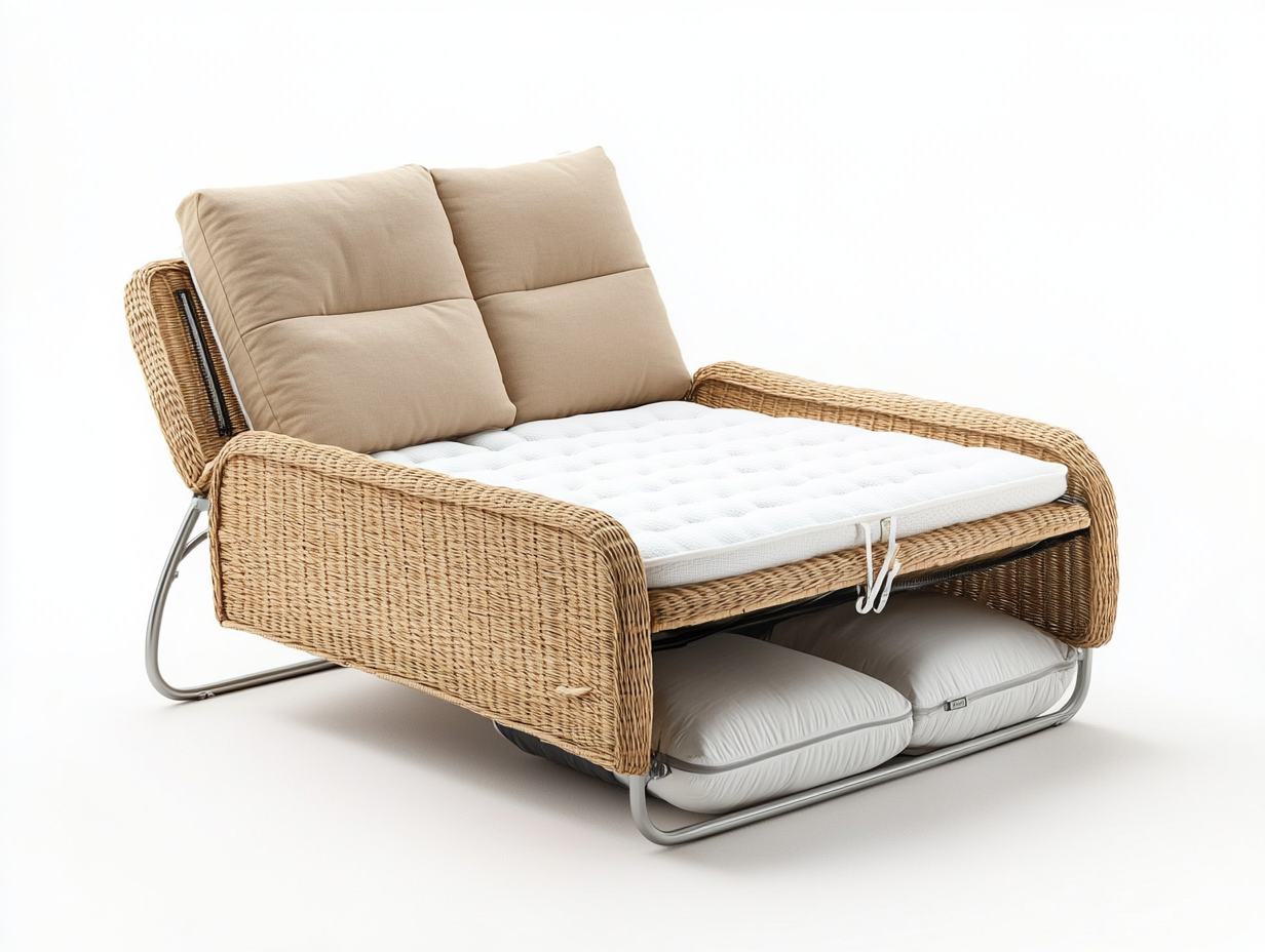 Sofá cama de ratán sintético con colchón y estructura metálica para terraza o sala WW7771051