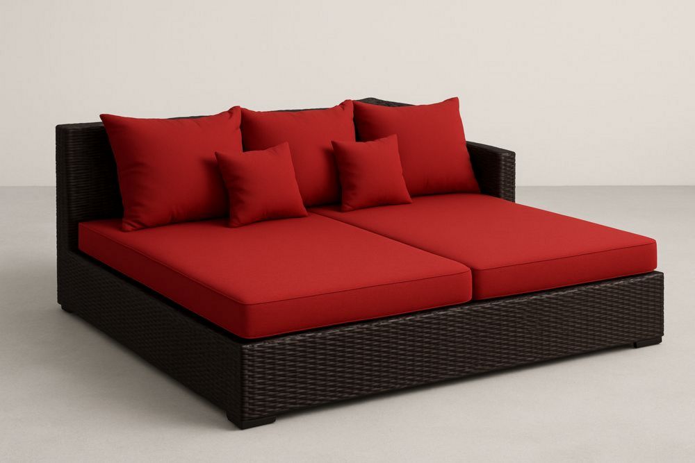 Sofá cama exterior de ratán marrón/rojo cojines tapizado impermeable 220x160x75 cm