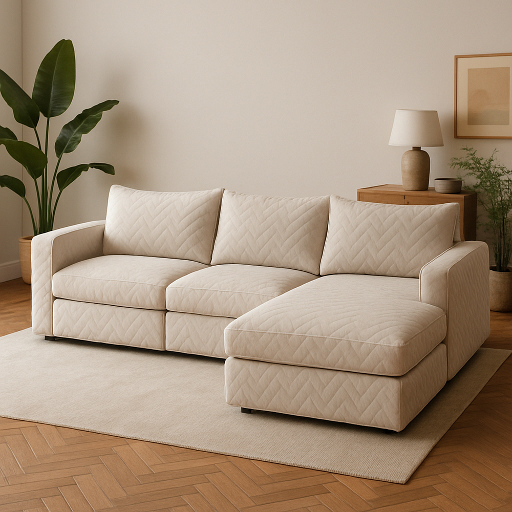 Sofá Seccional Tela Beige Algodón 3 Plazas Acabado Chevron