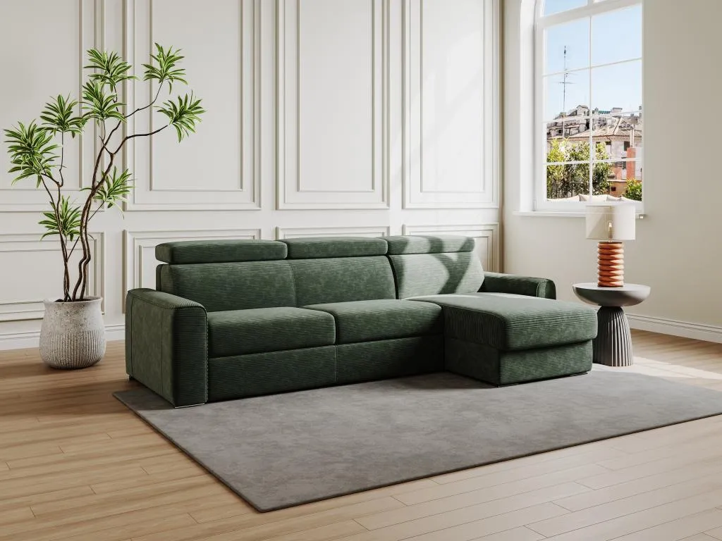 Sofá cama esquinero reversible con apertura italiana de pana verde - Colchón de láminas anchas de 140 cm - Colchón de 22 cm - Micasacool