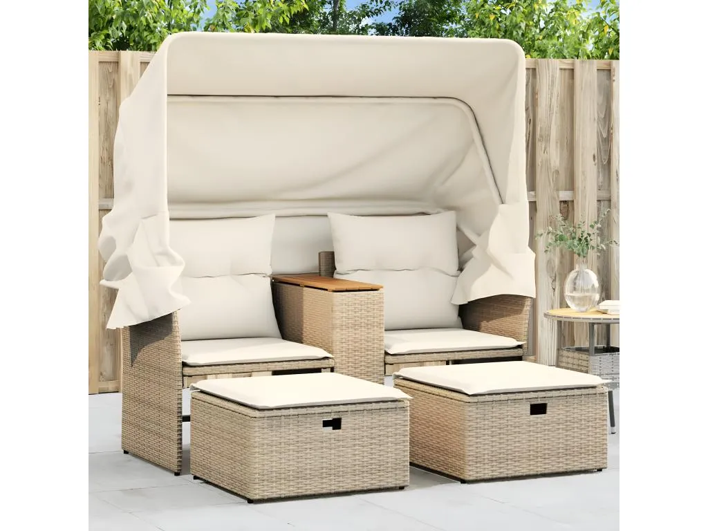 Sofá de jardín 2 plazas con toldo y taburetes ratán PE beige