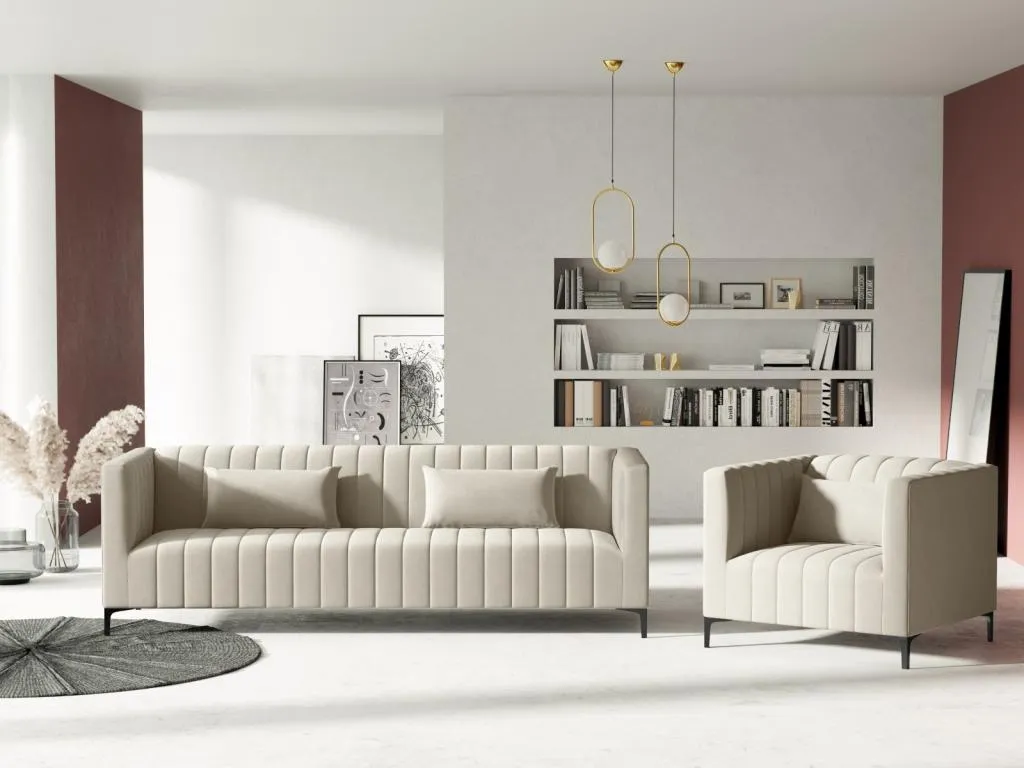 Andreuworldcasa - Sofá Andreuworldcasa 3 plazas de terciopelo beige claro - 220x85x74cm
