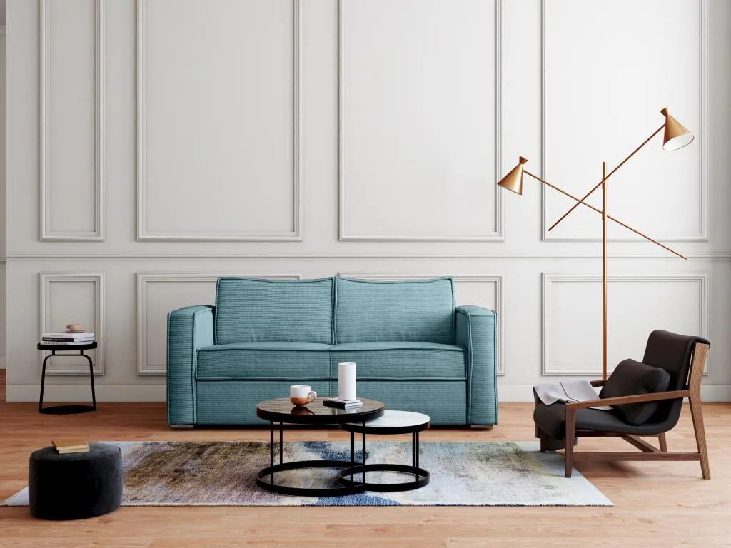 Sofá cama de 3 plazas con apertura italiana de pana azul turquesa - Cama de 140 cm - Colchón de 22 cm Patriciabaezcasa